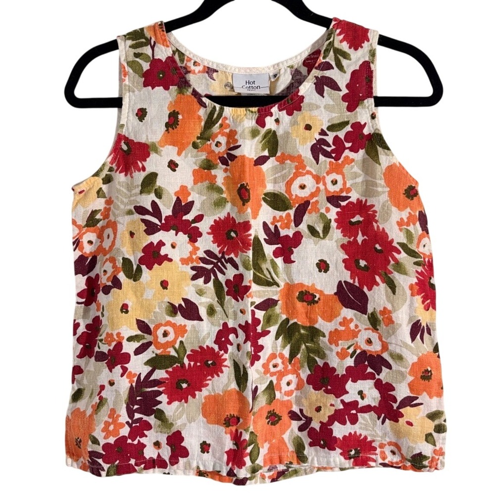 Hot Cotton Petite 100% Linen Floral Sleeveless Top Red Yellow Size P Small
